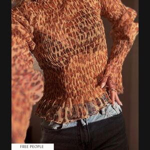 Free People Hello There Top Leopard Print Mesh Long Sleeve